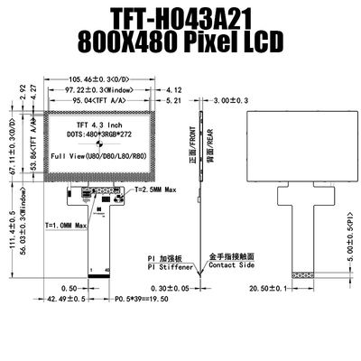 480x272 Kolorowy 4,3-calowy moduł wyświetlacza TFT LCD Czytelny w świetle słonecznym TFT-H043A21WQISTKN40