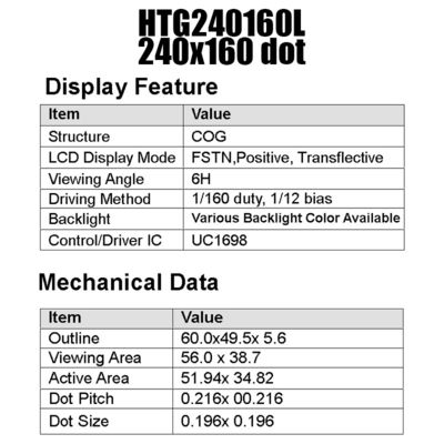 Moduł LCD 18PIN 240x160 COG UC1698 z bocznym białym podświetleniem HTG240160L