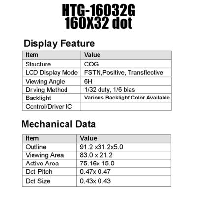 Moduł LCD COG 75,16x16mm 160x32 ST7525 Negatywny transmisyjny HTG16032G