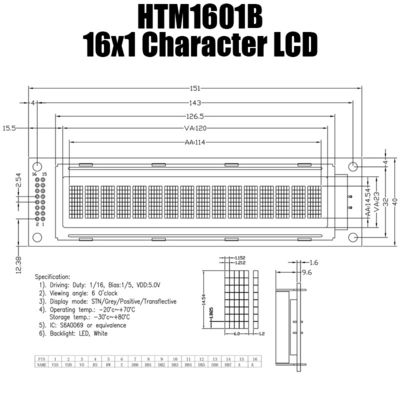 Monochromatyczny moduł wyświetlacza LCD 16x1, mały moduł LCD S6A0069 HTM1601B