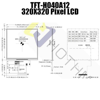 Kwadratowy trwały wyświetlacz IPS TFT LCD 4 cale 320x320 punktów z układem scalonym TFT-H040A12DHIIL4N40
