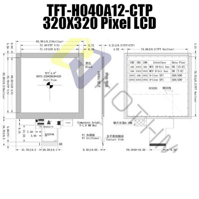 Kwadratowy wyświetlacz LCD 350cd / M2 IPS TFT 4 cale 320x320 punktów z CTP TFT-H040A12DHIIL3C40