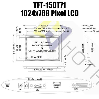 15,0-calowy monitor Pcap Ekran HDMI LCD 1024x768 Moduł wyświetlacza IPS TFT LCD
